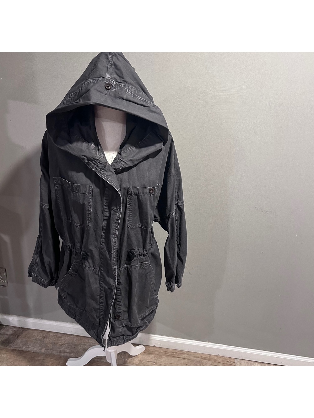 American Eagle Gray Light Hooded Utility Jacket 100% cotton XL Faded Style